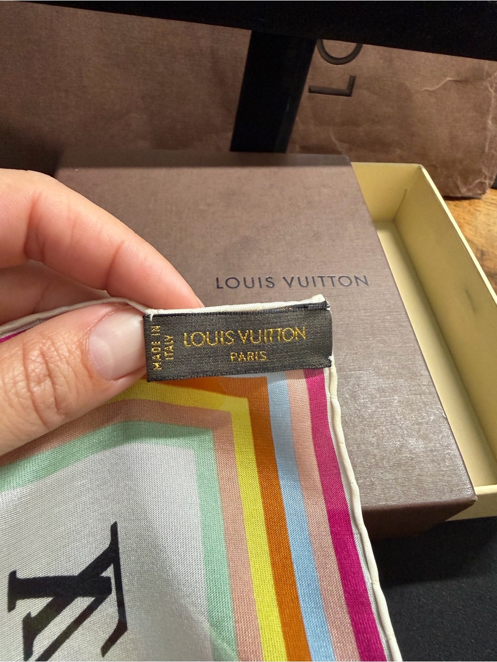 Louis Vuitton White Silk Scarf with Multicolor Monogram W/Box - Picture 5 of 7
